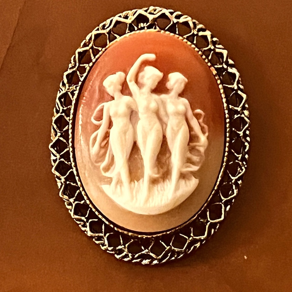 Vintage G Lanco Signed Three Graces Shell Cameo Brooch Pendant Large 2.5”